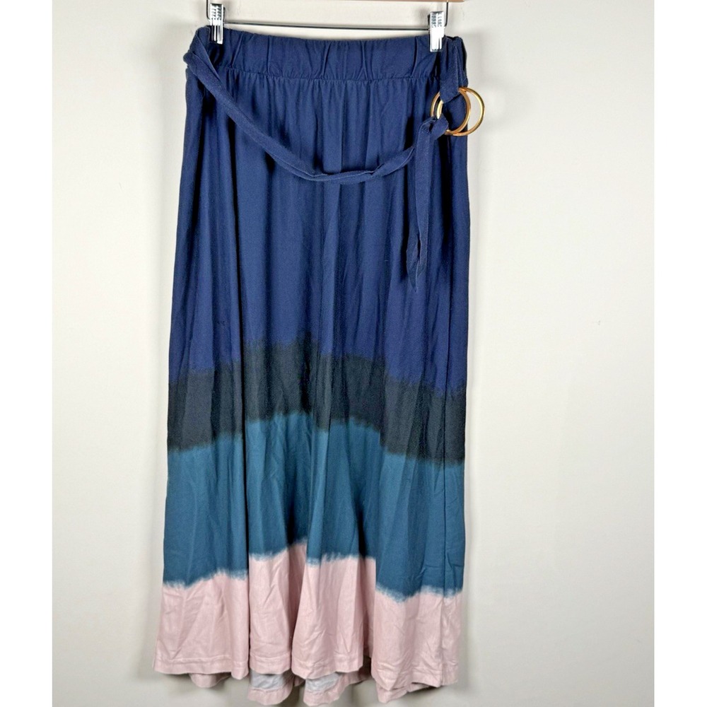 Midi Skirt Pink Blue Pattern Elastic‎ Waist Belt Flowy Womens Plus 14W / 16W